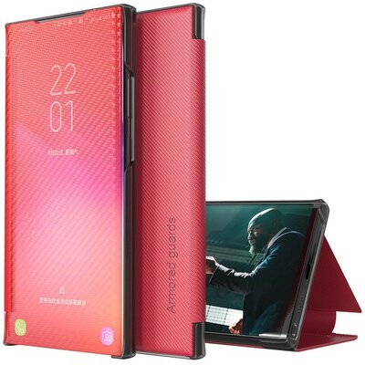 Samsung Galaxy A02 SM-A022F, Oldalra nyíló tok, stand, hívás mutatóval, kevlár minta, Wooze Smart View Cover Carbon, piros