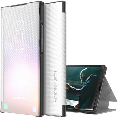 Samsung Galaxy M31 SM-M315F, Oldalra nyíló tok, stand, hívás mutatóval, kevlár minta, Wooze Smart View Cover Carbon, fehér