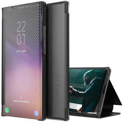 Samsung Galaxy M31 SM-M315F, Oldalra nyíló tok, stand, hívás mutatóval, kevlár minta, Wooze Smart View Cover Carbon, fekete