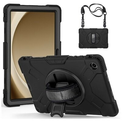 Samsung Galaxy Tab A9 Plus (11.0) SM-X210 / X215 / X216B, Műanyag hátlap védőtok, szilikon belső, kitámasztóval, kézpánt, vállpánt, Defender, fekete