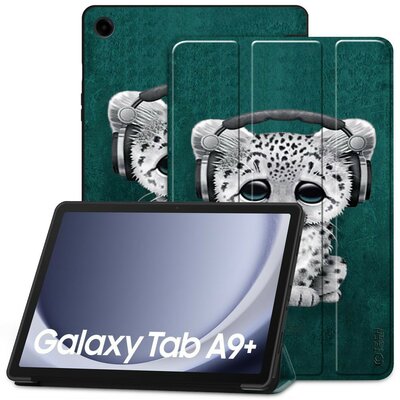 Samsung Galaxy Tab A9 Plus (11.0) SM-X210 / X215 / X216B, mappa tok, párduc kölyök minta, Trifold, zöld/színes