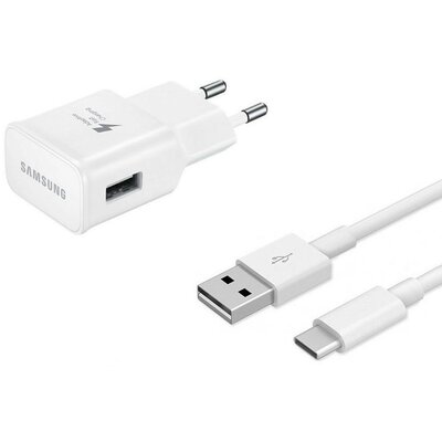 Hálózati töltő adapter, 5V / 1550 mAh, USB aljzat, USB Type-C kábellel, gyorstöltés, Samsung, gyári, fehér