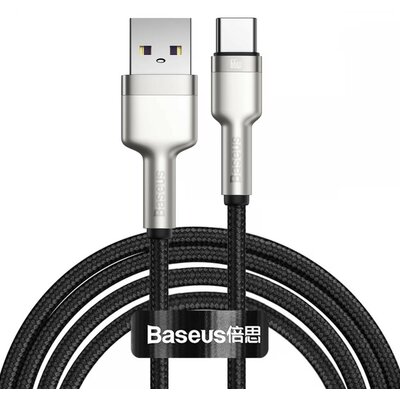 USB töltő- és adatkábel, USB Type-C, 200 cm, 6000 mA, 66W, törésgátlóval, gyorstöltés, cipőfűző minta, Baseus Cafule Metal, CAKF000201, fekete