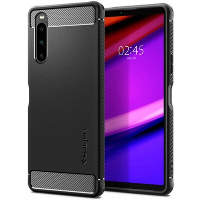 Sony Xperia 10 V, Szilikon tok, Spigen Rugged Armor, karbon minta, fekete