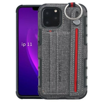 Apple iPhone 11 Pro Max, Szilikon tok, közepesen ütésálló, stand, textil hátlap, felakasztható, kézpánttal, szürke