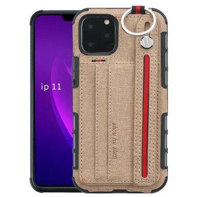 Apple iPhone 11 Pro Max, Szilikon tok, közepesen ütésálló, stand, textil hátlap, felakasztható, kézpánttal, világosbarna