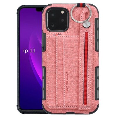 Apple iPhone 11 Pro, Szilikon tok, közepesen ütésálló, stand, textil hátlap, felakasztható, kézpánttal, rózsaszín