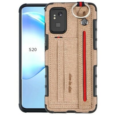 Samsung Galaxy S20 Plus / S20 Plus 5G SM-G985 / G986, Szilikon tok, közepesen ütésálló, stand, textil hátlap, felakasztható, kézpánttal, világosbarna