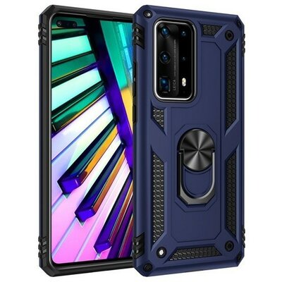 OnePlus 7 Pro, Műanyag hátlap védőtok, közepesen ütésálló, szilikon belső, telefontartó gyűrű, Defender, sötétkék