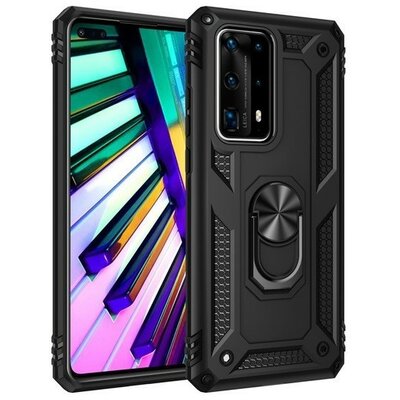 Motorola Moto G8 Plus, Műanyag hátlap védőtok, közepesen ütésálló, szilikon belső, telefontartó gyűrű, Defender, fekete