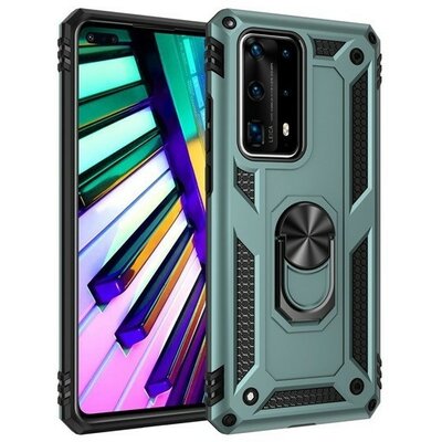 Motorola Moto G8 Plus, Műanyag hátlap védőtok, közepesen ütésálló, szilikon belső, telefontartó gyűrű, Defender, zöld