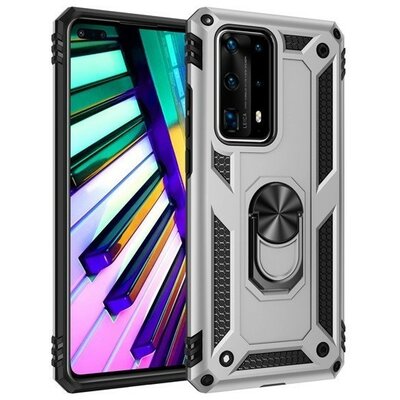 Motorola One Vision / P50, Műanyag hátlap védőtok, közepesen ütésálló, szilikon belső, telefontartó gyűrű, Defender, ezüst