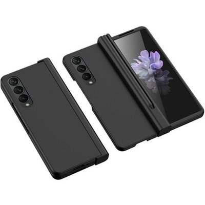 Samsung Galaxy Z Fold4 5G SM-F936B, Műanyag hátlap védőtok, képernyővédő üveg, közepesen ütésálló, Ceruza tartó, fekete