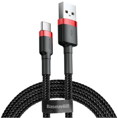 USB töltő- és adatkábel, USB Type-C, 300 cm, 2000 mA, törésgátlóval, gyorstöltés, cipőfűző minta, Baseus Cafule CATKLF-U91, fekete/piros