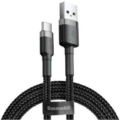 USB töltő- és adatkábel, USB Type-C, 300 cm, 2000 mA, törésgátlóval, gyorstöltés, cipőfűző minta, Baseus Cafule CATKLF-UG1, fekete/szürke