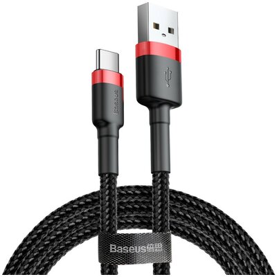 USB töltő- és adatkábel, USB Type-C, 50 cm, 3000 mA, törésgátlóval, gyorstöltés, cipőfűző minta, Baseus Cafule CATKLF-A91, fekete/piros