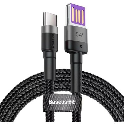 USB töltő- és adatkábel, USB Type-C, 100 cm, 5000 mA, 40W, kétoldalas, törésgátlóval, gyorstöltés, PD, cipőfűző minta, Baseus Cafule HW, CATKLF-PG1, fekete/szürke