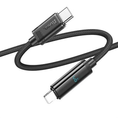 USB Type-C töltő- és adatkábel, Lightning, 120 cm, 27W, 2400mA, törésgátlóval, LED kijelzővel, gyorstöltés, PD, Hoco U127, fekete