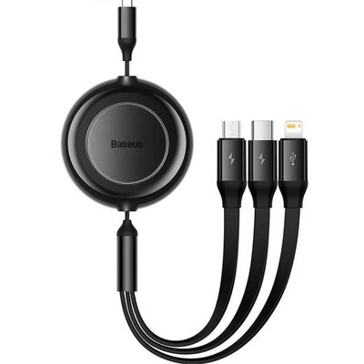 USB töltő- és adatkábel 3in1, USB Type-C, Lightning, microUSB, 110 cm, 3500 mA, gyorstöltés, lapos, feltekerhető, Baseus Bright Mirror 2, CAMJ010001, fekete