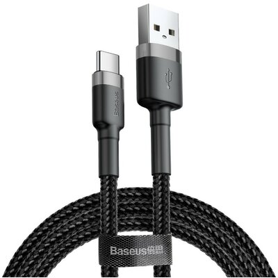 USB töltő- és adatkábel, USB Type-C, 200 cm, 2000 mA, törésgátlóval, gyorstöltés, cipőfűző minta, Baseus Cafule CATKLF-CG1, fekete/szürke