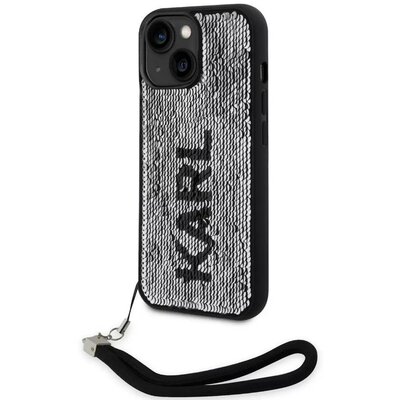 Apple iPhone 13, Műanyag hátlap védőtok + szilikon keret, színváltós hátlap, kézpánttal, Karl minta, Karl Lagerfeld Sequins Reversible, ezüst/fekete