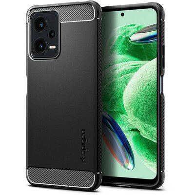 Xiaomi Redmi Note 12 5G / Poco X5 5G, Szilikon tok, Spigen Rugged Armor, karbon minta, fekete