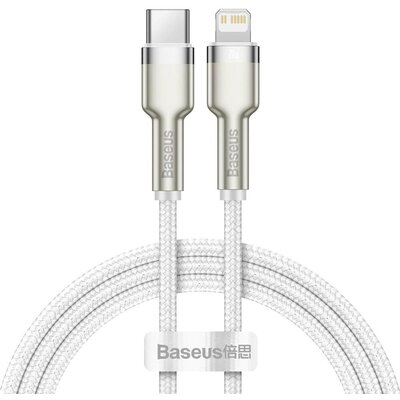 USB Type-C töltő- és adatkábel, Lightning, 100 cm, 20W, törésgátlóval, gyorstöltés, PD, cipőfűző minta, Baseus Cafule Metal, CATLJK-A02, fehér