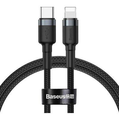 USB Type-C töltő- és adatkábel, Lightning, 100 cm, 18W, törésgátlóval, gyorstöltés, PD, cipőfűző minta, Baseus Cafule, CATLKLF-G1, fekete/szürke