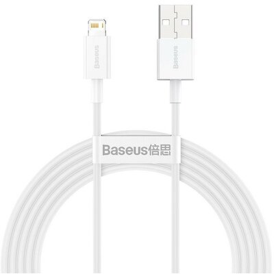 USB töltő- és adatkábel, Lightning, 200 cm, 2400 mA, törésgátlóval, gyorstöltés, PD, Baseus Superior, CALYS-C02, fehér