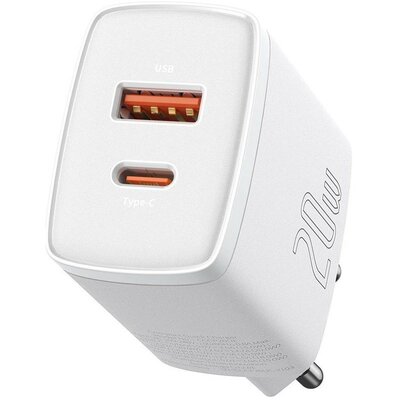 Hálózati töltő adapter, 20W, USB aljzat, USB Type-C aljzat, gyorstöltés, PD, QC 3.0, Baseus CCXJ-B02, fehér