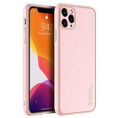 Apple iPhone 12 Pro Max, Műanyag hátlap védőtok + szilikon fémhatású keret, közepesen ütésálló, bőrhatású hátlap, Dux Ducis Yolo, rózsaszín