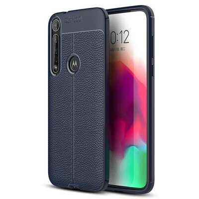 Motorola Moto G8 Plus, TPU szilikon tok, bőrhatású, varrásminta, sötétkék