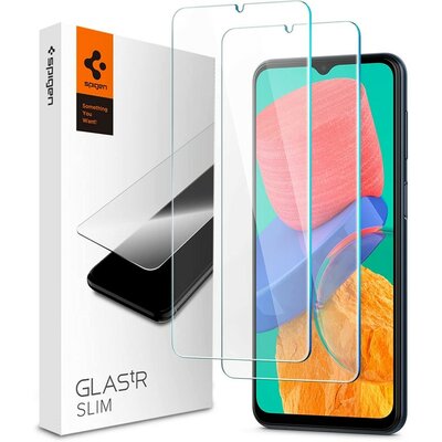 Samsung Galaxy M13 4G SM-M135F, Kijelzővédő fólia, (az íves részre NEM hajlik rá!), Tempered Glass (edzett üveg), Spigen Glastr Slim, Clear, 2 db / csomag