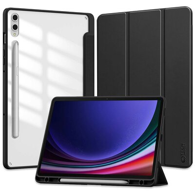 Samsung Galaxy Tab S9 Plus 12.4 SM-X810 / X816B, mappa tok, közepesen ütésálló, érintőceruza tartóval, átlátszó hátlap, Trifold, TP SC Pen Hybrid, fekete