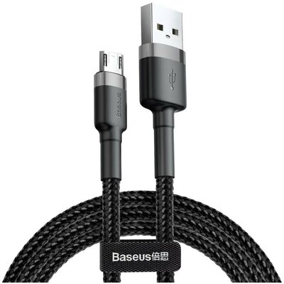 USB töltő- és adatkábel, microUSB, 100 cm, 2400 mA, törésgátlóval, cipőfűző minta, Baseus Cafule, CAMKLF-BG1, fekete/szürke