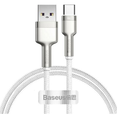 USB töltő- és adatkábel, USB Type-C, 100 cm, 6000 mA, 66W, törésgátlóval, gyorstöltés, cipőfűző minta, Baseus Cafule Metal, CAKF000102, fehér