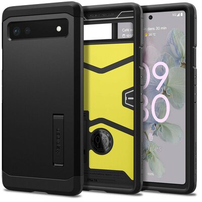 Google Pixel 6a, Szilikon tok + műanyag hátlap, kitámasztóval, Spigen Tough Armor, fekete