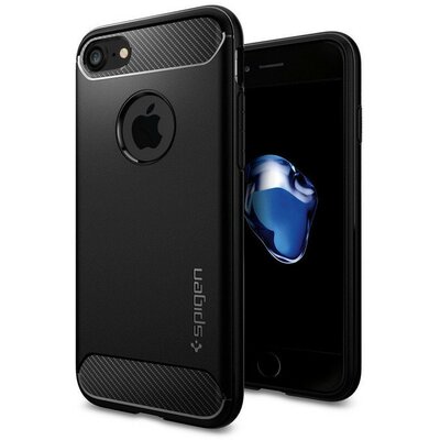 Apple iPhone 7 / 8, TPU szilikon tok, Spigen Rugged Armor, karbon minta, fekete