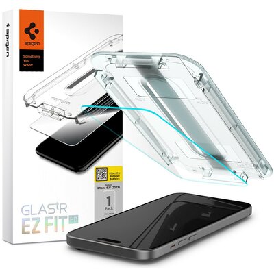 Apple iPhone 15, Kijelzővédő fólia, ütésálló fólia (az íves részre is!), Tempered Glass (edzett üveg), Spigen Ez Fit HD, Clear