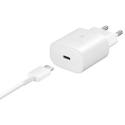 Hálózati töltő adapter, 25W, USB Type-C aljzat, USB Type-C kábellel, PD 3.0, PDO / PPS, gyorstöltés, Samsung, fehér, gyári