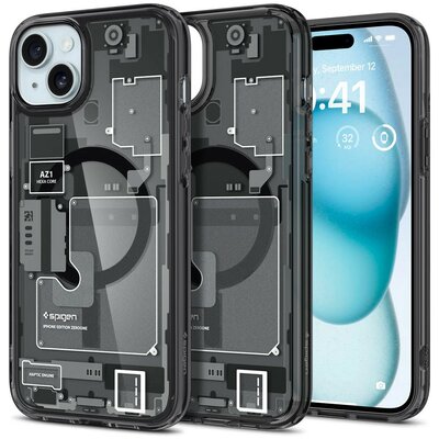 Apple iPhone 15, Műanyag hátlap védőtok + szilikon keret, Magsafe töltővel kompatibilis, iPhone belső minta, Spigen Ultra Hybrid Zero One Mag, átlátszó/füst