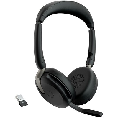 Jabra Evolve2 65 Flex Link380a UC Számítógép On Ear headset Bluetooth® Stereo Fekete Noise Cancelling Headset, Mikrofon némítás, Hangerő szabályozás, Indukció,