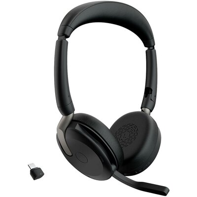 Jabra Evolve2 65 Flex Link380c UC Számítógép On Ear headset Bluetooth® Stereo Fekete Noise Cancelling Headset, Mikrofon némítás, Hangerő szabályozás, Indukció,