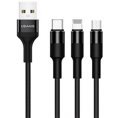 USAMS SJ2193IN101 USAMS U5 töltőkábel 3in1 (USB - lightning/microUSB/Type-C, 2A, 150cm, cipőfűző) FEKETE