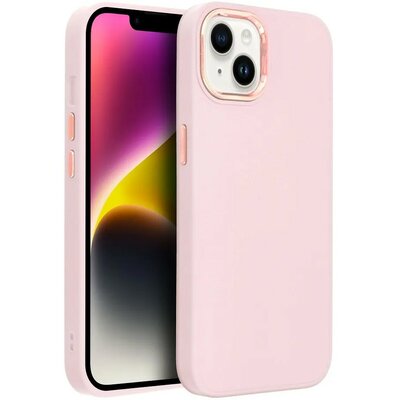 Apple iPhone 14, Szilikon tok, közepesen ütésálló, fémhatású kamera keret, Frame Case, rózsaszín
