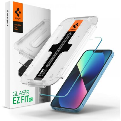 Apple iPhone 13 / 13 Pro / 14, Kijelzővédő fólia, ütésálló fólia (az íves részre is!), Tempered Glass (edzett üveg), Spigen Ez Fit HD, Clear