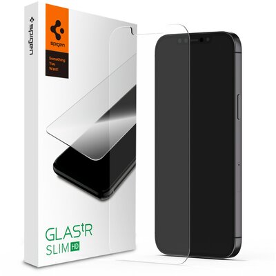 Apple iPhone 13 / 13 Pro / 14, Kijelzővédő fólia, ütésálló fólia (az íves részre is!), Tempered Glass (edzett üveg), Spigen Glastr Slim HD, Clear