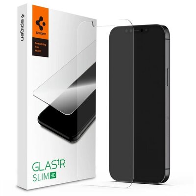 Apple iPhone 12 / 12 Pro, Kijelzővédő fólia, ütésálló fólia (az íves részre is!), Tempered Glass (edzett üveg), tok barát, Spigen Glastr Slim HD, Clear