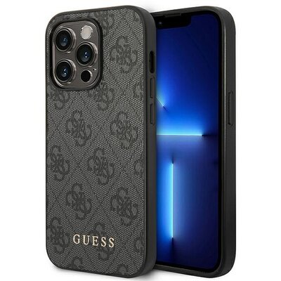 Eredeti előlap tok GUESS GUHCP14XG4GFGR iPhone 14 PRO MAX készülékhez (4G Gold Logo / szürke)