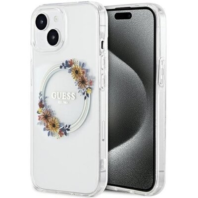 Eredeti előlap tok GUESS GUHMP15SHFWFCT iPhone 15 (kompatibilis a Magsafe / Virágkoszorú / átlátszó)